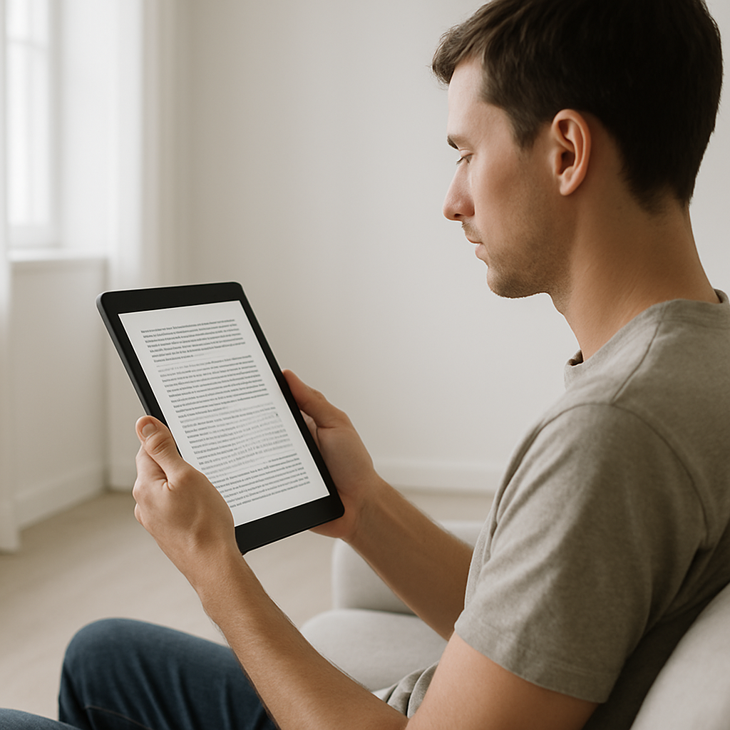 A photorealistic zoomed out image of a person reading reading something on a tablet The persons profule and arms holding the tablet should be in frame-1