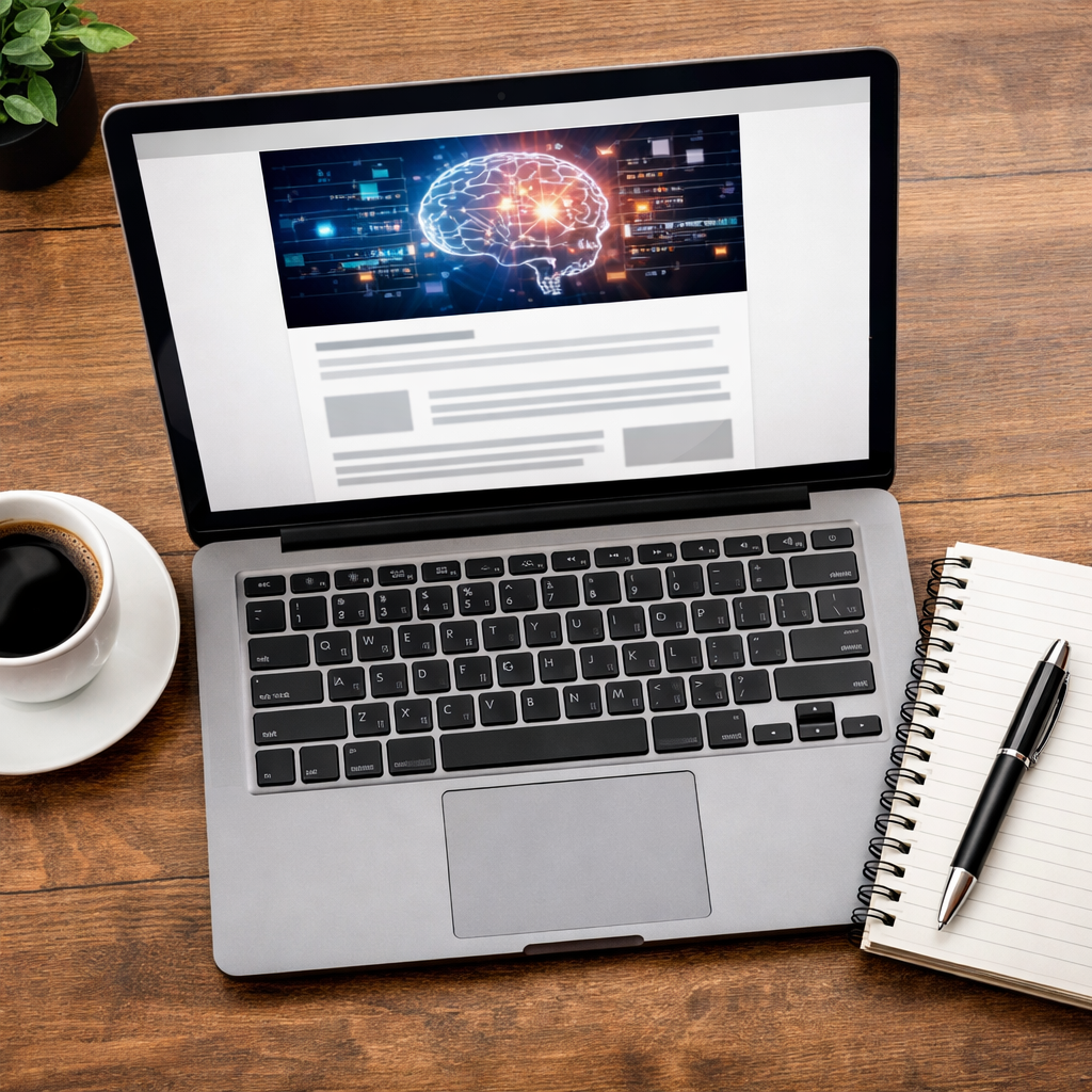 create an image to represent an AI newsletter include a newsletter looking email on a screen no text visible the laptop should be on a table with a co