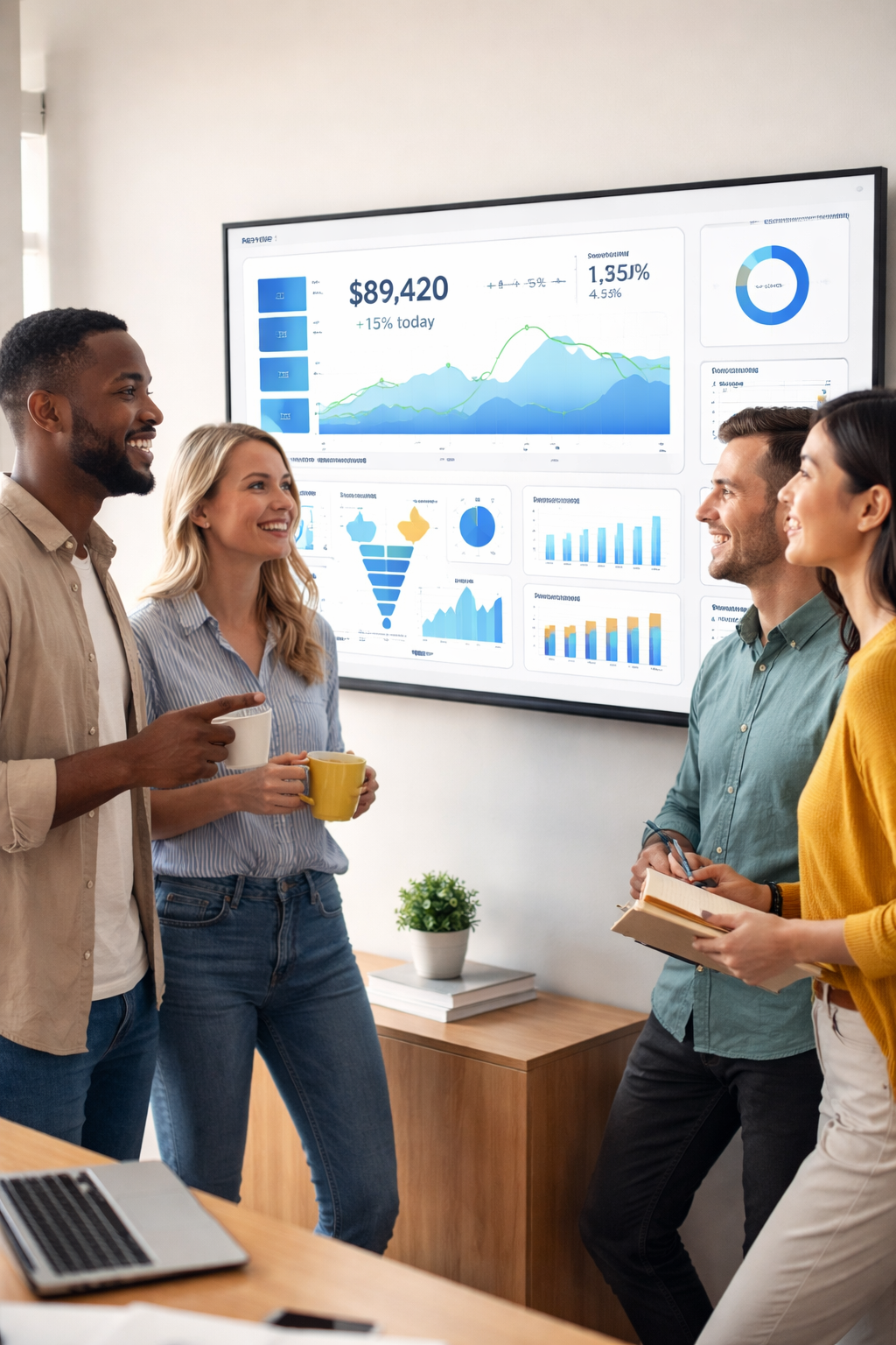 satisfied people looking at a dashboard that they and the viewer can see-1