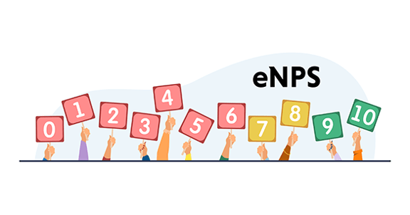 Employees holding up signs with numbers one to ten to indicate eNPS