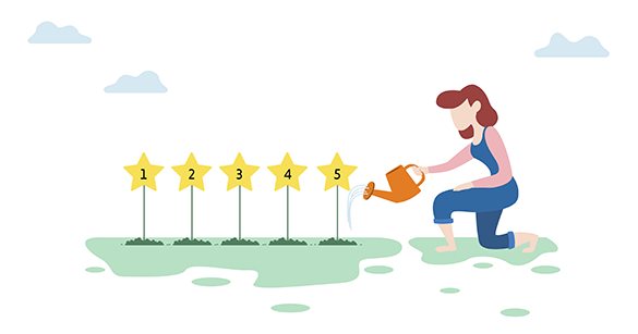 Woman with a watering can kneeling to water five stars